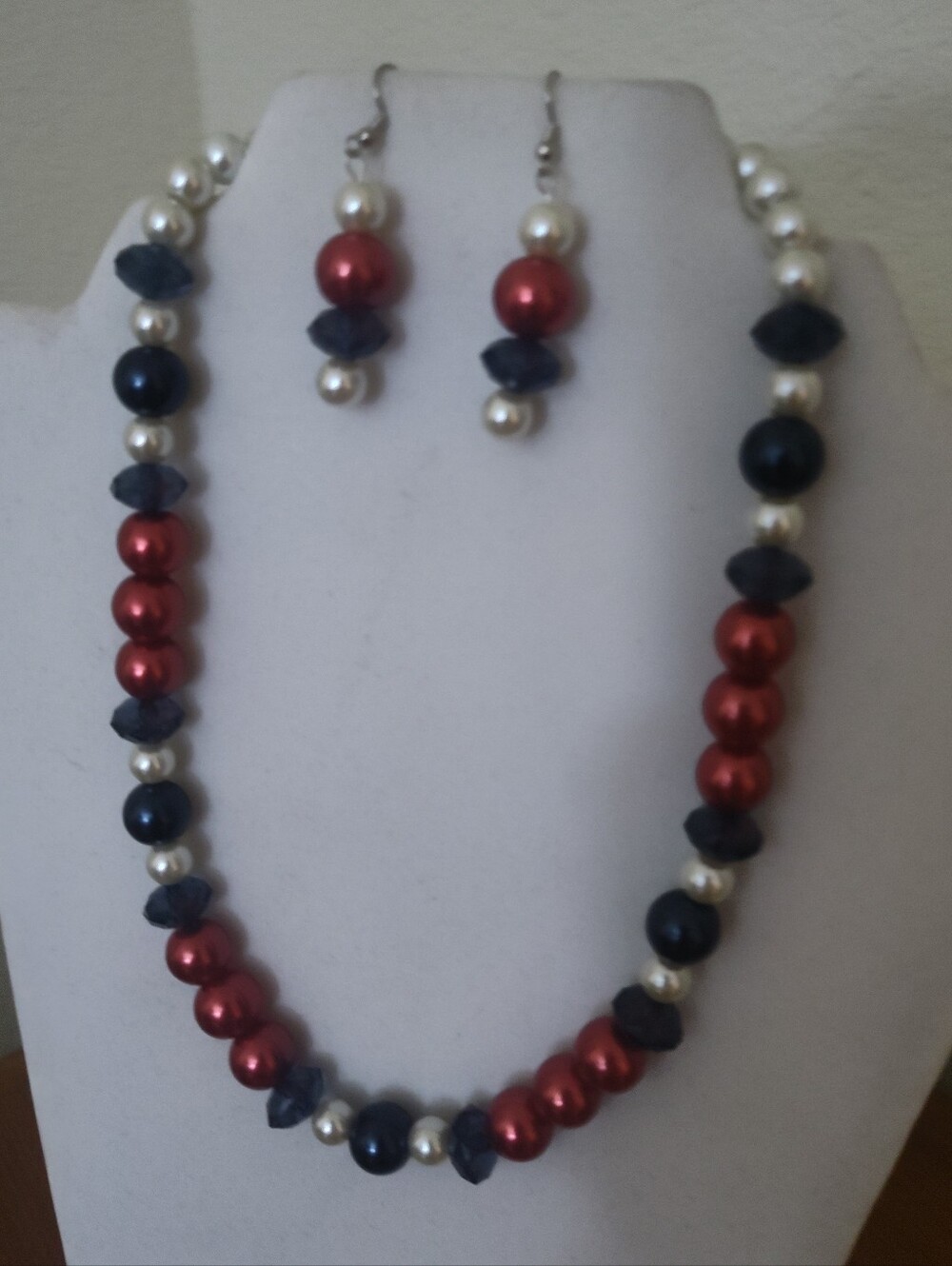 Handcrafted Red, Navy & Pearl Bead Necklace with Matching Earrings